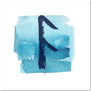 Rune Uruz On Cyan Blue Watercolor (Runes and Watercolors) Posters and Art